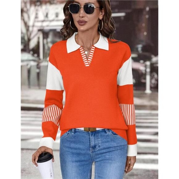 Womens V Neck Sweater Long Sleeve Color Block Striped Knitted Pullover Top - Picture 4 of 6